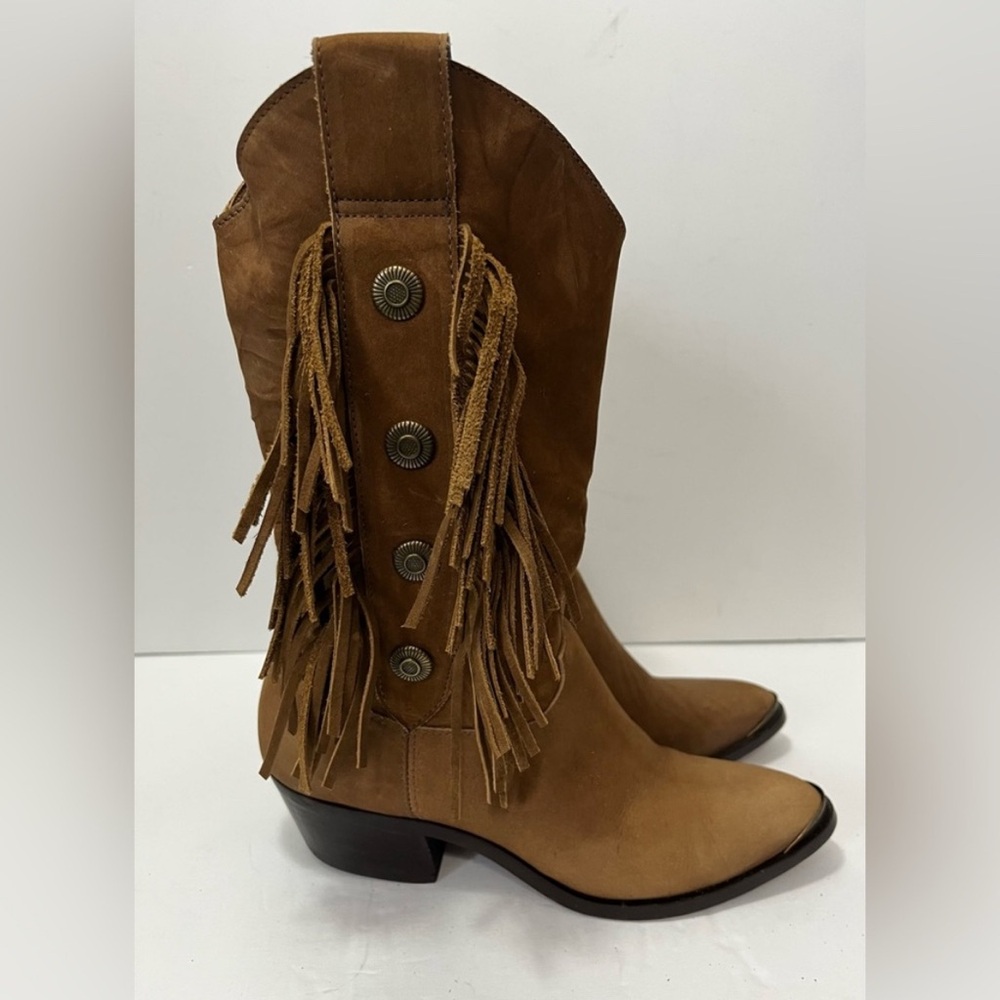 Vintage Code West Tan Brown Suede Fringe Western Cowboy Boot Boho Women Size 7